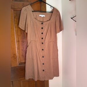 LOFT Tan Button-Front Puff Sleeve Mini Dress